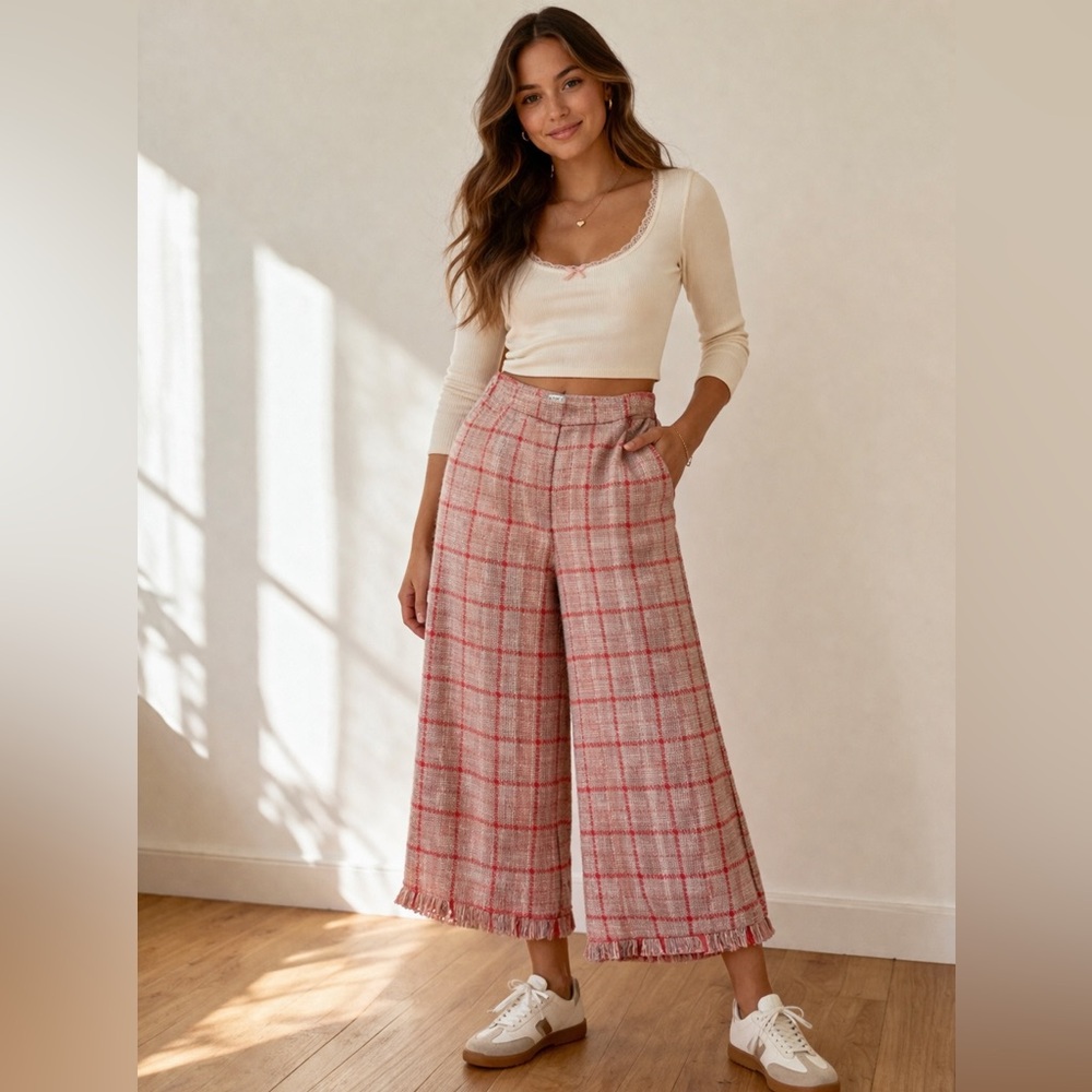 Plaid Tweed Boucle Wide-Leg Pants with Fringe Hem Academia casual